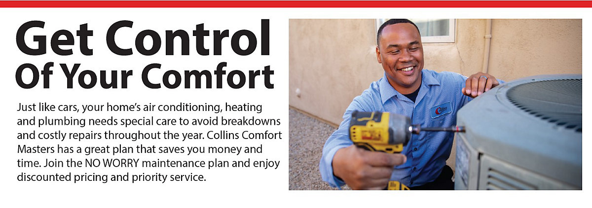 A Collins Comfort Masters Technician smiling while drilling into an A/C unit.