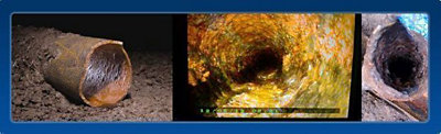 Three images of drain pipe issues in cast iron pipes