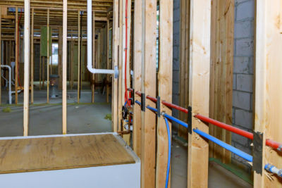 Bathroom shower under plumbing connecting installation pipes for water basement new house