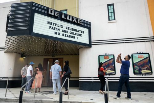 Attendees arrive to a premiere event at the DeLuxe Theater for Mo Amer’s ‘Mo,’ a semi-autobiographical show set in Houston 