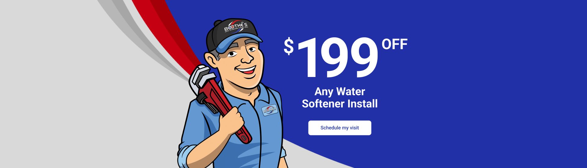 $199 off any water softener install promotion with wayne holding wrench