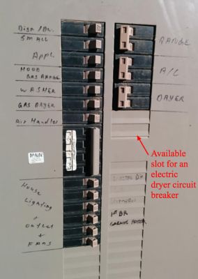 Red arrow pointing at available slot for an electric dryer circuit breaker on fuse box