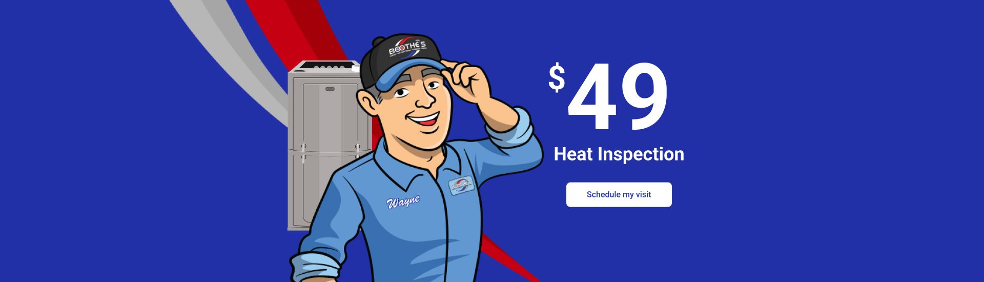 A cartoon Boothe's tech smiling next to $49 Heat Inspection