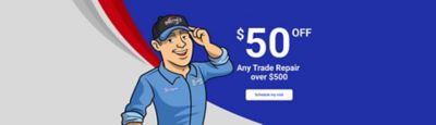 A cartoon Boothe's tech smiling next to $50 Off Any Trade Repair over $500