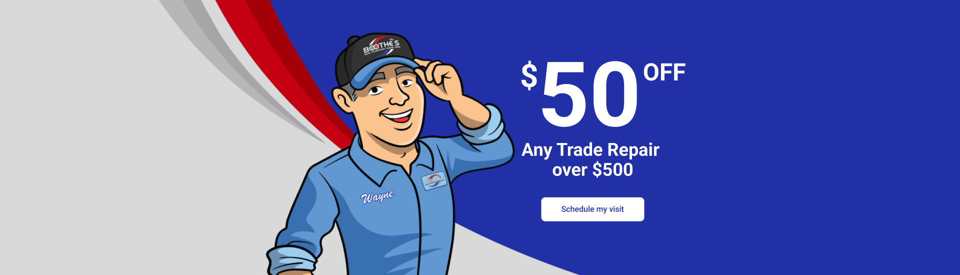 A cartoon Boothe's tech smiling next to $50 Off Any Trade Repair over $500