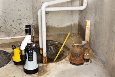 Replacing the old sump pump in a basement with a new one to drain the collected ground water from the sump or pit