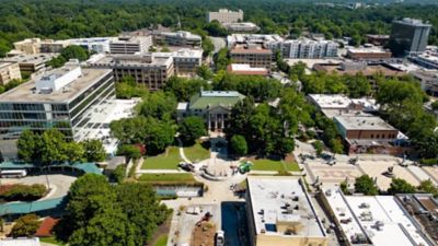 Aerial shot of DeKalb courthouse and surrounding buildings
