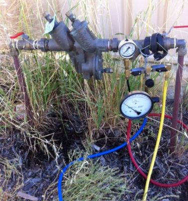 Backflow testing guage connected to a backflow preventer