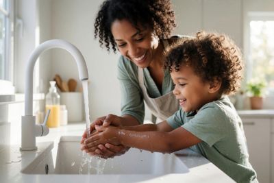 Smiling mixed race mother helps young son wash hands in kitchen sink. Happy black woman teaching boy hygiene routine at home. Little child uses running water from, white faucet to clean skin. Domestic