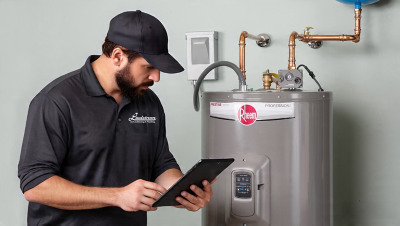 Plumber with an ipad looking at Water Heater