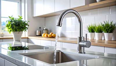Faucet in the Kitchen with Running Water