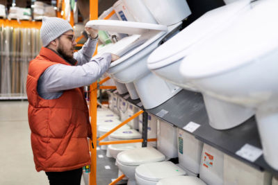 Man in home improvement store looking at toilets on display 