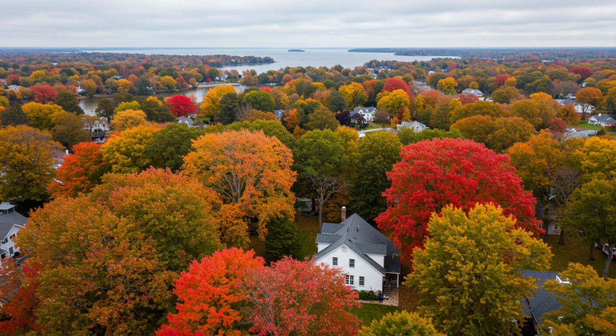 Severna Park, Maryland aerial shot with autumn trees