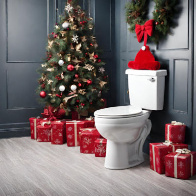 Toilet by Christmas tree and presents
