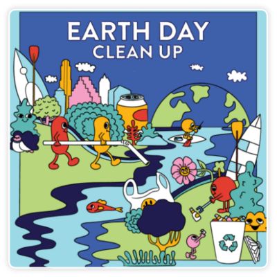 Illustration for Earth Day Clean Up, featuring cartoon characters cleaning up litter and pollution in a park and waterway with city skyline and globe in the background.