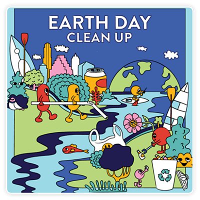 Illustration for Earth Day Clean Up, featuring cartoon characters cleaning up litter and pollution in a park and waterway with city skyline and globe in the background.