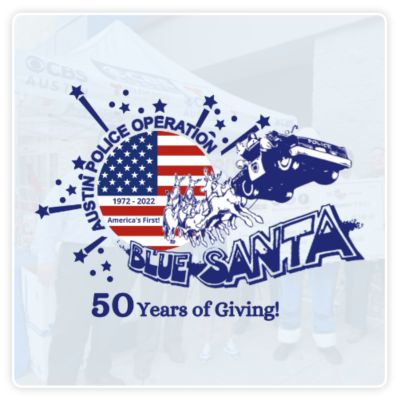 Operation Blue Santa logo with reindeer pulling a police car in front of the United States flag.