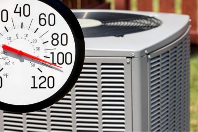 thermometer with an ac unit showing hot temperatures 