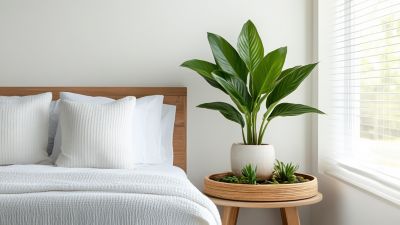 A serene bedroom corner with air purifying plants and cozy decor