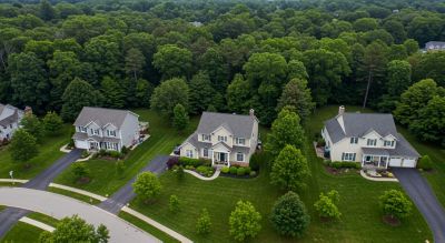 aerial view of street in forested area of Severn, Maryland
