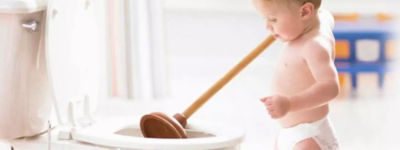 Baby using a plunger - Thomas & Galbraith Heating, Cooling, & Plumbing