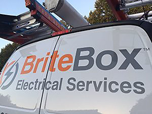 Back doors of BriteBox van with logo