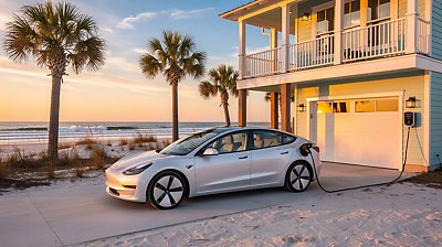 electric car charges on an ev charger by the beach