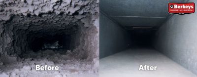 Two images comparing a duct before and after it's been cleaned