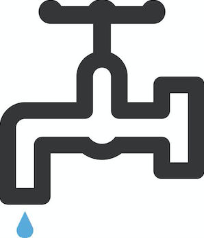 Black and white faucet icon with blue water drop