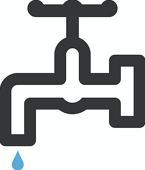 Black and white faucet icon with blue water drop