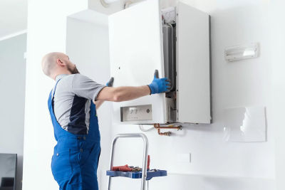 Image of a man installing a boiler system.