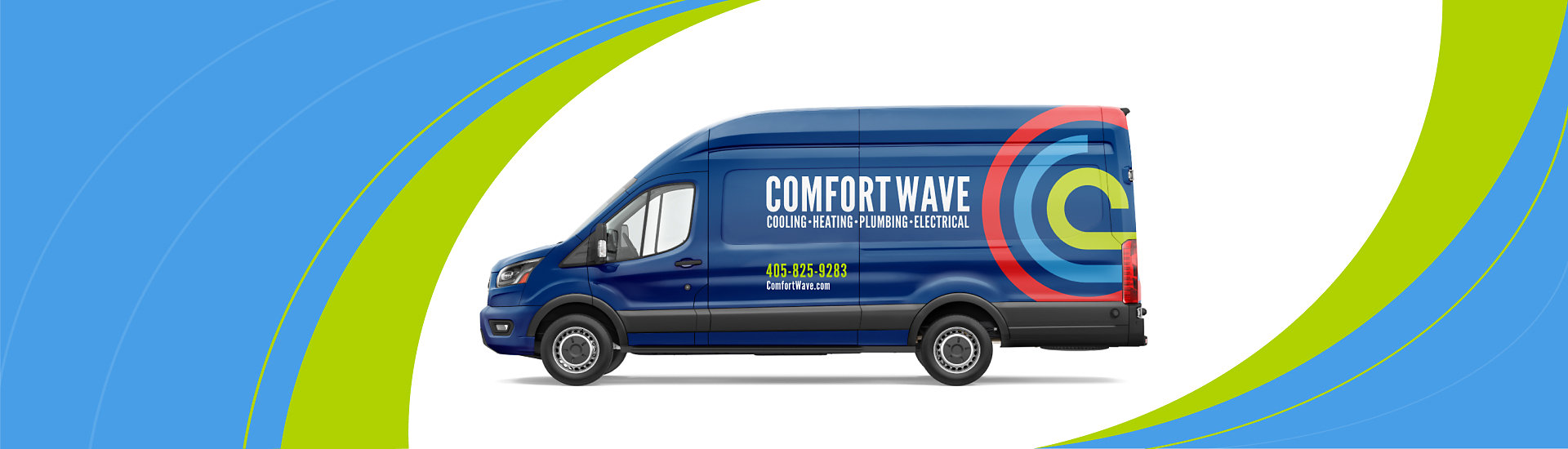 A blue van with comfort wave contact information