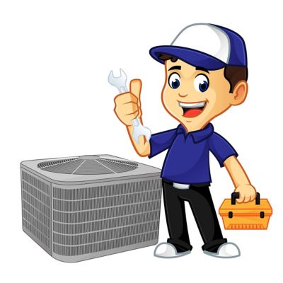 A cartoony AC tech repair man holding a wrench and toolbox next to an AC unit.