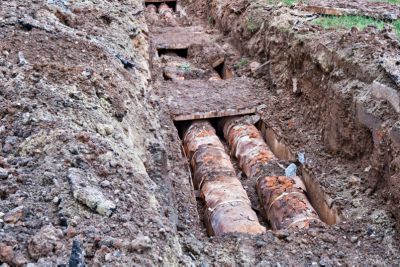 Old cast iron water pipes in the ground.