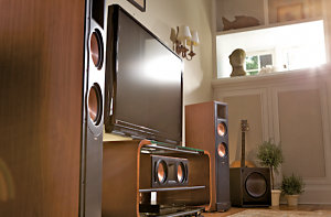 Living room wood speaker set up