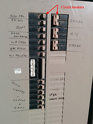 Circuit panel with red arrows pointing to breakers