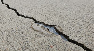 concrete slab with crack and water in the crack