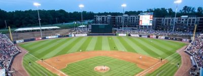 Coolray Field behind homeplate at night