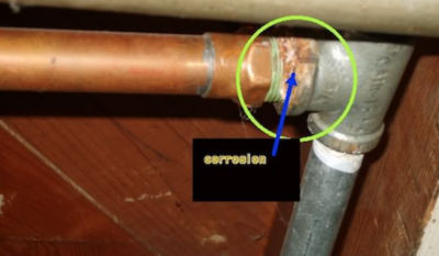 Corrosion where copper piping attaches to galvanized steel