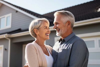 A couple standing in front of a house