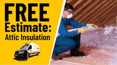 Free estimate: attic insulation; technician wearing mask and gloves blowing insulation into attic