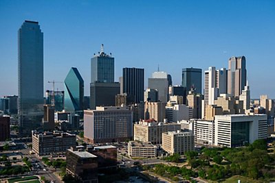 Aerial view of the downtown skyline on Thursday, April 4, 2019, in Dallas.
