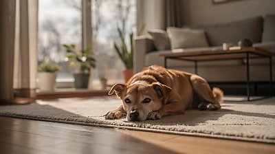 Dog laying down on the living room carpet