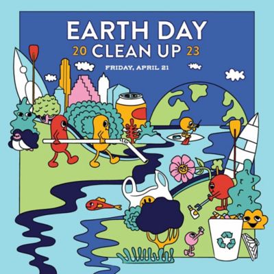 Illustration for Earth Day Clean Up, featuring cartoon characters cleaning up litter and pollution in a park and waterway with city skyline and globe in the background.
