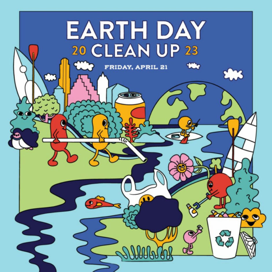 Illustration for Earth Day Clean Up, featuring cartoon characters cleaning up litter and pollution in a park and waterway with city skyline and globe in the background.