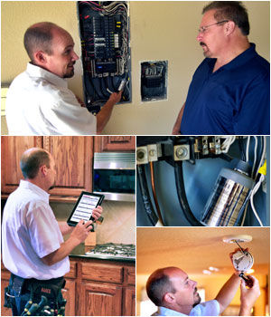A collage of photos showing an electrican inspecting a kitchen.