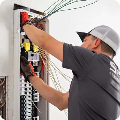 Service Champions electrician working on electrical panelt