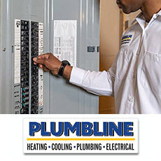 Plumbline electrician inspecting an electrical panel