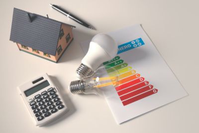 Energy rating chart with light bulbs. Energy efficiency concept. New EU energy label, 2021 classification