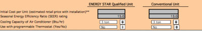 Energy Star Usage and Payback Calculator enter information of two AC units